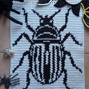 May include: A white crocheted square with a black and white striped beetle design. The beetle has a large head with two large eyes and a small mouth.