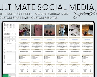 Puede incluir: Una pantalla de portátil muestra una plantilla de hoja de cálculo de redes sociales. La plantilla incluye secciones para programar publicaciones, rastrear la participación y revisar los resultados. El texto en la pantalla dice "ULTIMATE SOCIAL MEDIA Spreadsheet" y "GOOGLE SHEETS - INSTANT DOWNLOAD."