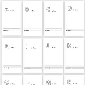 Może przedstawiać: Drukowany planer PDF zatytułowany "Baby Shower ABC Color Book Version 2". Projekt zawiera indywidualne strony dla każdej litery alfabetu, z miejscem do kolorowania i pisania. Strony są białe z czarnym tekstem.