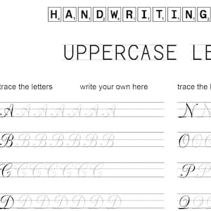 May include: A handwriting guide for uppercase letters. The guide features a layout with the title "HANDWRITING GUIDE" at the top, followed by "UPPERCASE LETTERS". It includes letter tracing and writing practice sections for each letter of the alphabet.