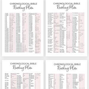 Könnte beinhalten: Vier druckbare PDF-Planer mit dem Text "CHRONOLOGICAL BIBLE READING PLAN" und "INSTANT DOWNLOAD PRINTABLE PDF PLANNER". Jeder Planer hat einen rosa vertikalen Streifen und die Worte "CHRONOLOGICAL BIBLE Reading Plan".