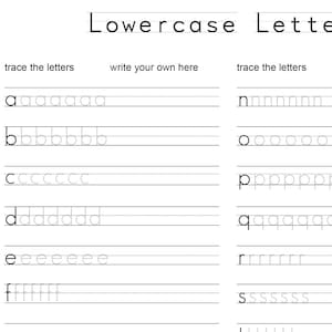 May include: A handwriting guide with the title "Handwriting Guide" at the top. The guide features lowercase letters with tracing lines and space to practice writing. The letters a through l are on the left, and n through y are on the right.