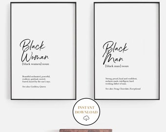 Black Woman And Man Definition Print Set, Printable Typography Wall Art, Black Family, Above The Bed Art, Black Couple Gift, Set of 2 prints