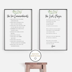 The Lord's Prayer, The 10 Commandments Wall Art, Greenery Scripture, Christian Home Decor, Printable Bible Verse Wall Art, Religious Decor