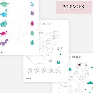 Puede incluir: Hojas de trabajo imprimibles de trazado de líneas para preescolares. Las hojas de trabajo presentan ilustraciones con temas de dinosaurios y del espacio para trazar y colorear. El texto de la imagen dice "PRESCHOOL LINE TRACING WORKSHEETS" y "20 PAGES".