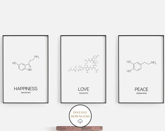 Peace Love Happiness Molecules Art, Dopamine, Oxytocin, Serotonin, Love Molecule Poster, Printable Chemistry Wall Art, Science Gift, 3 Piece