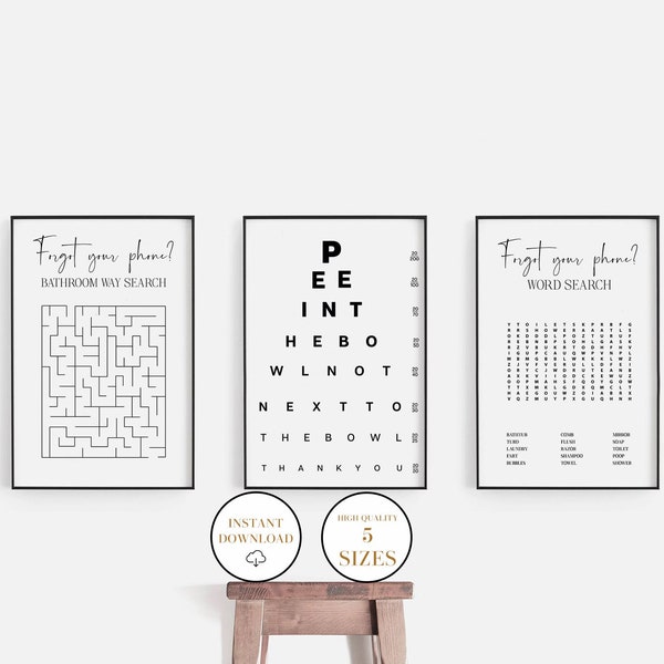 Oublié votre puzzle de salle de bains de téléphone, recherche de mot de salle de bains, ensemble d'art de mur imprimable de salle de bains, signe drôle de salle de bains, ensemble de 3 décor de salle de bains d'invité