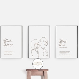 Black Woman And Man Definition Print Set, Printable Typography Wall Art, Black Family, Above The Bed Art, Black Couple Gift, Set of 3 prints