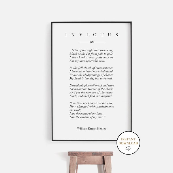 Poema Invictus imprimible, Poema Invictus de William Ernest Henley, Cita motivacional, Impresión de literatura, Decoración del ministerio del hogar, Arte mural estudiantil