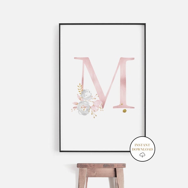 Initial Wall Art, Watercolor Nursery Letter, Flower Letter Print, Printable Monogram M Wall Decor, New Baby Gift, Floral Initial, Baby Name