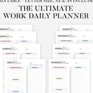 May include: A collection of printable work daily planner pages. The pages are white with pastel color accents and include sections for goals, schedules, and to-do lists. The planner is available in letter, A4, and A5 sizes.
