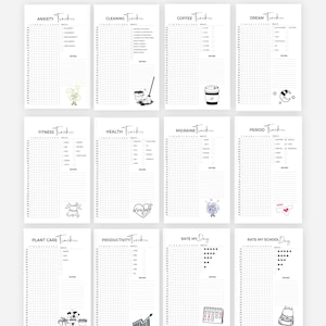 Peut inclure: Planificateur PDF imprimable avec 4 versions, dont des trackers d'anxiété, de nettoyage, de café et de rêves. Chaque page présente une mise en page en grille avec un espace pour les notes et des illustrations thématiques. Le texte "BUJO PLANNER" est en haut.