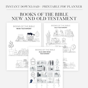 Puede incluir: Planificador PDF imprimible en blanco y negro con el texto "BOOKS OF THE BIBLE NEW AND OLD TESTAMENT". La imagen presenta ilustraciones de estanterías, libros y elementos decorativos. Las palabras "INSTANT DOWNLOAD" y "PRINTABLE PDF PLANNER" también son visibles.