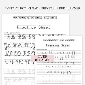 Op de afbeelding: Witte, afdrukbare handschriftgids met hoofdletters en kleine letters om te oefenen. De gids bevat de tekst "HANDWRITING GUIDE" en "Practice Sheet". De woorden "OVER 16 PAGES" zijn ook zichtbaar.