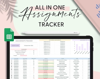 Puede incluir: Una plantilla de planificador digital para realizar un seguimiento de las tareas. La plantilla incluye secciones para las tareas próximas, un resumen de las tareas completadas y una tabla para realizar un seguimiento de las fechas de vencimiento, las horas de vencimiento, los días restantes, el estado, la clase, el tipo y el ID de la tarea. La plantilla también incluye un gráfico de barras que muestra el número de tareas por clase.