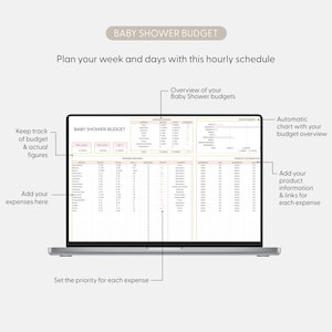 May include: A laptop screen showing a baby shower budget template. The spreadsheet includes sections for tracking expenses, budget overviews, and product information. Text on the screen reads "Baby Shower Budget" and prompts for planning.