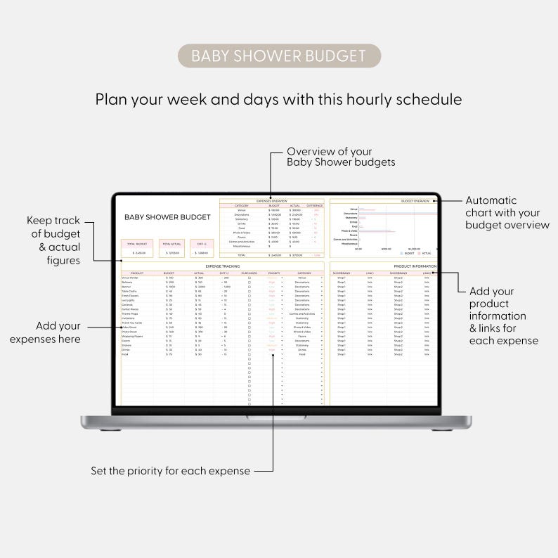 May include: A laptop screen showing a baby shower budget template. The spreadsheet includes sections for tracking expenses, budget overviews, and product information. Text on the screen reads "Baby Shower Budget" and prompts for planning.