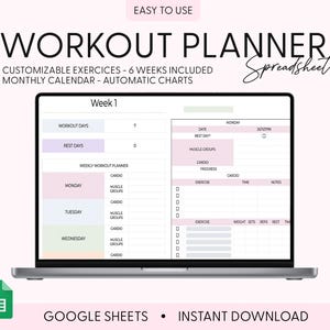 Workout Planner Google Sheets, Exercise Tracker Spreadsheet, Fitness Planner Template, Gym Checklist Weightlifting Training Calendar Pilates