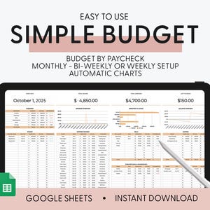 Simple Budget Planner for Google Sheets, Monthly Budget Spreadsheet, Simple Paycheck Budget Tracker, Weekly Budget Template, Biweekly Budget