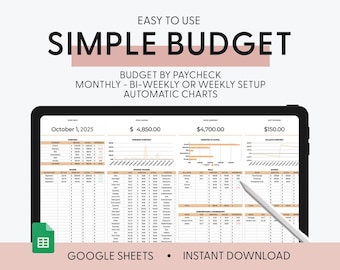 Einfacher Budgetplaner für Google Sheets, monatliche Budgettabelle, einfacher Gehaltscheck-Budgettracker, Wochenbudgetvorlage, zweiwöchentliches Budget