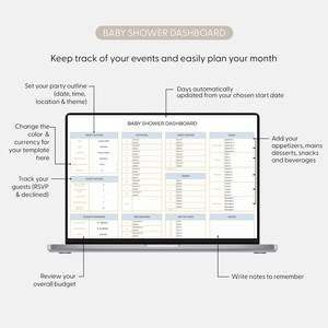 May include: A laptop screen shows a baby shower planning dashboard. The template includes sections for party details, activities, favors, food, budget, and guest management. Text on the screen reads "Baby Shower Dashboard" and instructions for event planning.