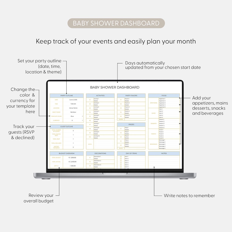 May include: A laptop screen shows a baby shower planning dashboard. The template includes sections for party details, activities, favors, food, budget, and guest management. Text on the screen reads "Baby Shower Dashboard" and instructions for event planning.