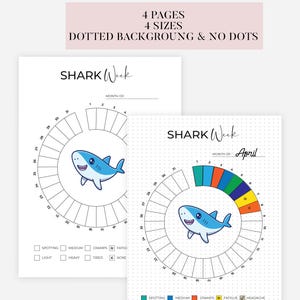 Könnte beinhalten: Zwei weiße Seiten mit dem Text "SHARK Week" und einer Cartoon-Hai-Illustration. Eine Seite hat einen gepunkteten Hintergrund und die andere ist leer. Die Seiten enthalten einen kreisförmigen Kalender und Symptom-Tracker. Der Text oben lautet "4 PAGES 4 SIZES DOTTED BACKGROUNG & NO DOTS."