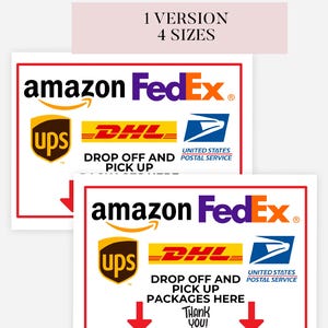 Op de afbeelding: Wit bord met rode rand met logo's van Amazon, FedEx, UPS, DHL en USPS. Tekst luidt "PAKKETTEN HIER AFLEVEREN EN OPHALEN" met een "Bedankt!" bericht en rode pijlen.