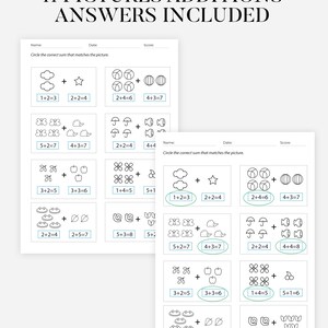 May include: Two worksheets with addition problems for children. The worksheets have the title "11 PICTURES ADDITIONS ANSWERS INCLUDED". Each problem has a picture and a sum to solve. The correct answers are circled.