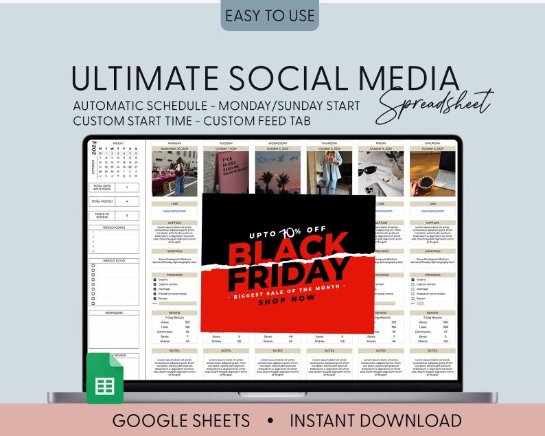 Social Media Content Calendar, Social Media Monthly Content Planner, Google Sheet Spreadsheets, Instagram, Youtube, TikTok, Facebook Tracker image 20