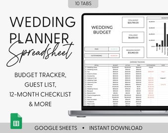 Digitale spreadsheet voor bruiloftplanner, Google-spreadsheet voor budget bruiloftplanning, sjabloon voor bruiloftchecklist, trackersjabloon Bruiloft Alles-in-één lijst