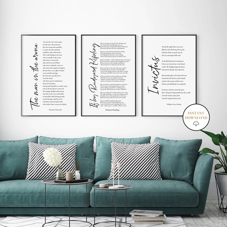 If Poem Invictus Poem and Man in the Arena, Set Of 3 Printable Inspirational Poems, Literature Prints, Home Office Decor, Student Wall Art image 4