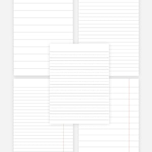 May include: A selection of white paper sheets featuring different line styles. The sheets include wide-ruled, college-ruled, and handwriting practice paper. The lines are grey, and the paper is arranged vertically.