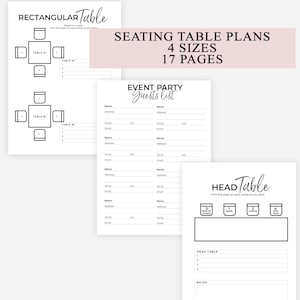 May include: A set of printable seating table plans featuring black text on white paper. The documents include a rectangular table layout, an event party guests list with contact fields, and a head table diagram with labelled seating positions.