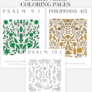 Op de afbeelding: Drie kleurplaten met bloemmotieven en bijbelverzen. De bovenste pagina heeft groene bladeren en de tekst "PSALM 9:1". De middelste pagina heeft een bloemmotief en de tekst "PSALM 19:1". De rechterpagina heeft een bloemmotief en de tekst "PHILIPPIANS 4:13".