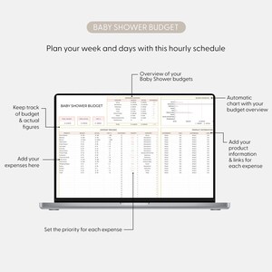 May include: A laptop screen showing a baby shower budget template. The spreadsheet includes sections for tracking expenses, budget overviews, and product information. Text on the screen reads "Baby Shower Budget" and prompts for planning.
