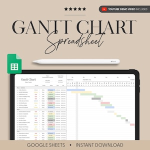 May include: A digital Gantt chart spreadsheet displayed on a tablet screen with a white stylus above it. The chart includes project phases, task priorities, owners, status labels, and a timeline grid. Text includes GANTT CHART Spreadsheet.