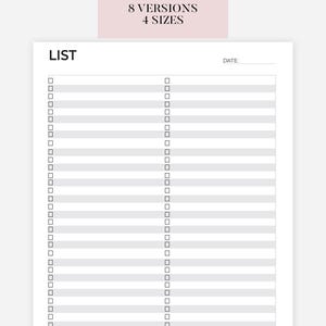 Könnte beinhalten: Ein weißer Notizblock mit einer Liste von Kontrollkästchen und Linien zum Schreiben. Das Wort "LIST" steht oben links und "DATE:" oben rechts. Der Notizblock hat den Text "8 VERSIONS 4 SIZES" in einem rosa Rechteck.