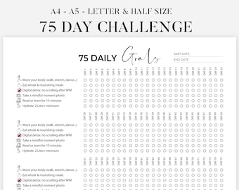 75 Day Challenge Tracker Printable | Landscape A4 & US Letter Sizes | Instant Download PDF | 75 Day Fitness Challenge Digital Template