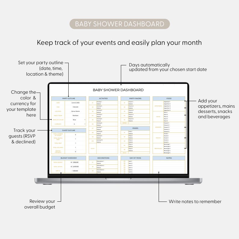 May include: A laptop screen showing a baby shower planning dashboard. The template includes sections for party details, activities, favors, food, budget, and notes. Text includes "Baby Shower Dashboard" and instructions for event planning.