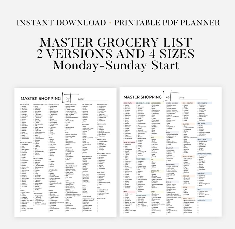 Master Grocery List Printable Template, Grocery Planner, Food Shopping ...