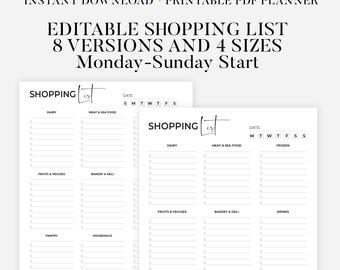 Grocery List Printable Template, Printable Grocery List, Grocery Planner, Food Shopping List, A4/A5/Letter/Half Size, Instant Download PDF