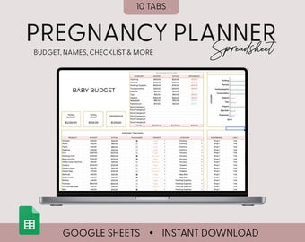 Può includere: Un computer portatile che mostra un foglio di calcolo di Google Sheets intitolato "Pregnancy Planner Spreadsheet". Il foglio di calcolo include schede per "Baby Budget", "Expense Overview", "Expense Tracking", "Shopping" e altro ancora. Il foglio di calcolo è progettato per aiutare le persone a pianificare e tenere traccia delle loro spese durante la gravidanza.