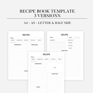Plantilla de libro de recetas, tarjetas de recetas, plantilla de hoja de recetas editable, carpeta de recetas minimalista, estilo rústico imprimible de 8,5 x 11 pulgadas, diario de planificación de comidas