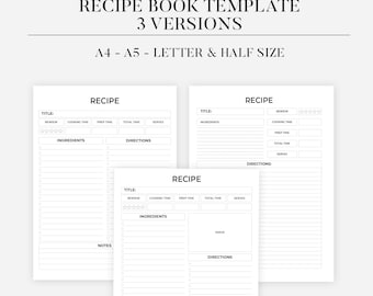 Plantilla de libro de recetas, tarjetas de recetas, plantilla de hoja de recetas imprimible, carpeta de recetas minimalista, estilo rústico imprimible de 8,5 x 11 pulgadas, diario de planificación de comidas