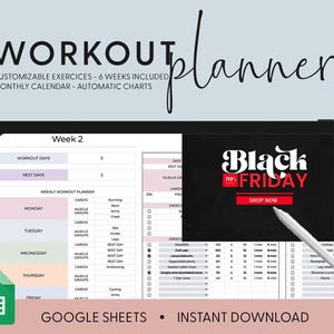 BLACK FRIDAY Workout Planner Spreadsheet, Google Sheets, Daily, Weekly, Fitness Planner Fitness Tracker, Split Training Workout Tracker Plan