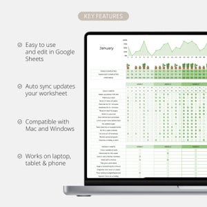 May include: A laptop screen displaying a digital planner template for January. The planner includes sections for daily and weekly habits, with checkboxes for tracking progress. Text on the screen highlights key features like Google Sheets compatibility.