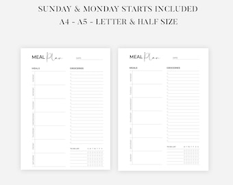 May include: Two printable meal planner pages with a black and white design. Each page has a section for meals, groceries, and a to-do list. The text "MEAL Plan" is written in cursive at the top of each page.