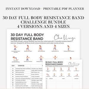 Op de afbeelding: Printbare PDF-planner voor een 30-daagse full body weerstandsband challenge. Bevat 4 versies en 4 maten. De planner bevat oefeningen zoals overhead side stretch, banded front squat en kneeling triceps pushdown.