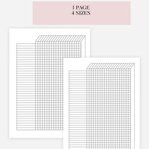 May include: Two white printable planner pages with black grid and line designs. The top of the pages have a 3D effect. The text "1 PAGE 4 SIZES" is in a pink rectangle above the pages. These pages are designed for organization and planning.